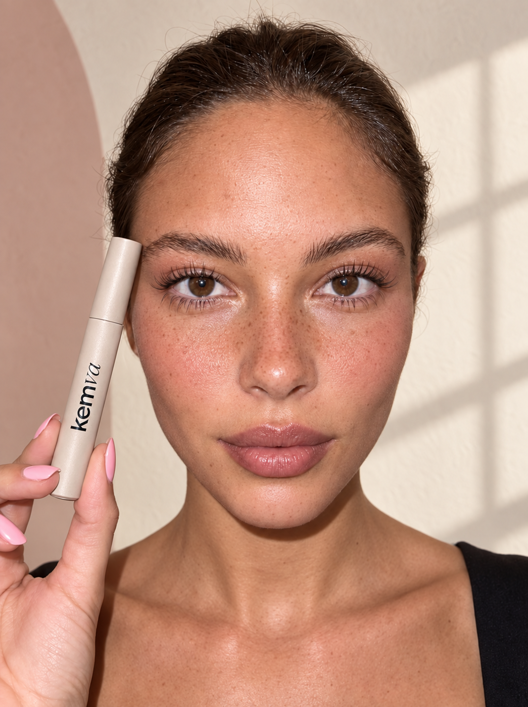 Femme sur un canapé ivoire tenant le concept de sérum cils KEMVA beige